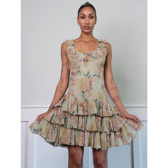 Ralph Lauren Vintage Silk Slip Dress Floral Tiered Ruffle Chiffon Mini 90s Y2k 6 - Picture 9 of 13